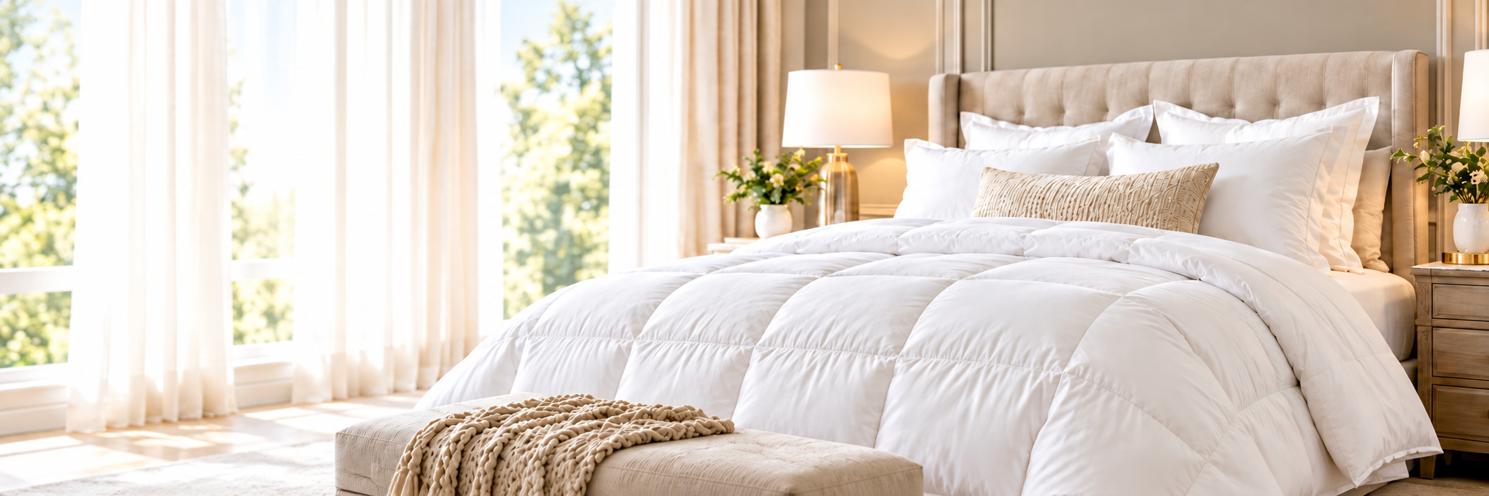 Luxury white comforter bedding in a bright bedroom